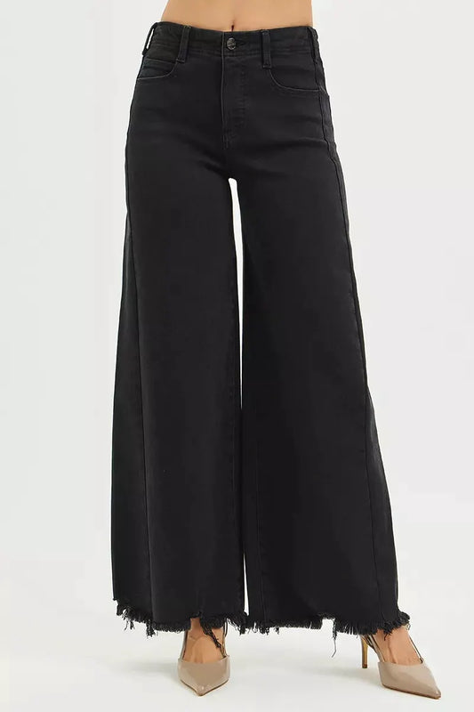 RISEN Tummy Control High Rise Palazzo Leg Frayed Hem Jeans by RISEN