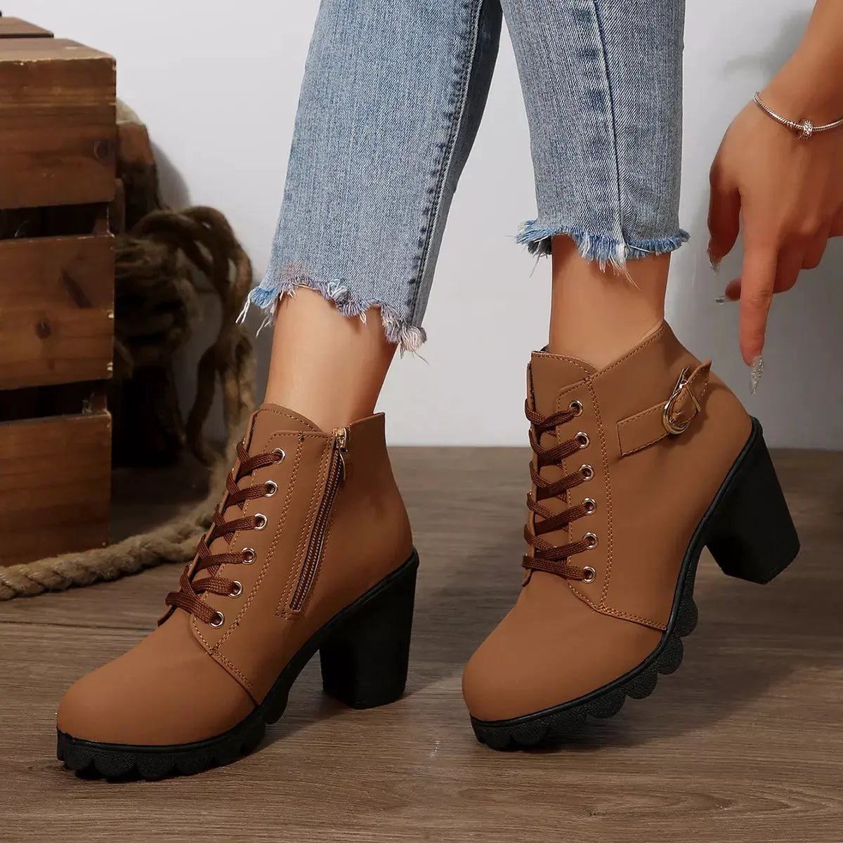 Lace Up Block Heels Boots by Partner Label