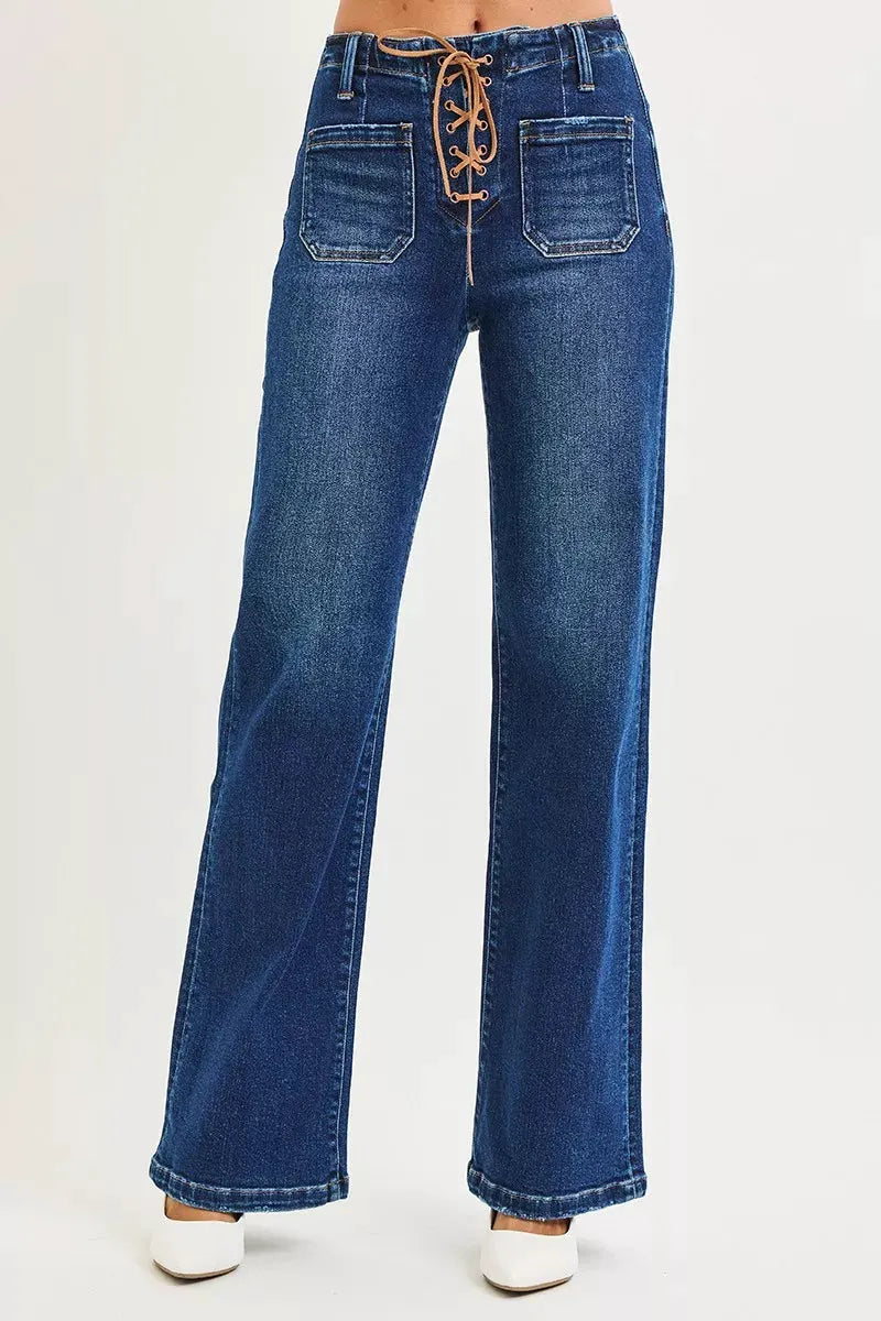 RISEN Full Size High Rise Wide Leg Jeans with Front Tie Detail Plus Size by RISEN