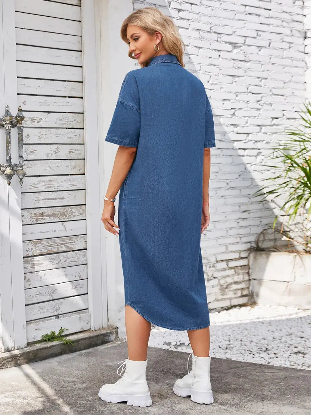 Button Up Dropped Shoulder Denim Dress by Partner Label