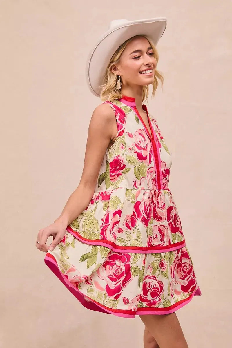 BiBi Floral Woven Contrast Edge Tiered Ruffle Mini Dress by BiBi