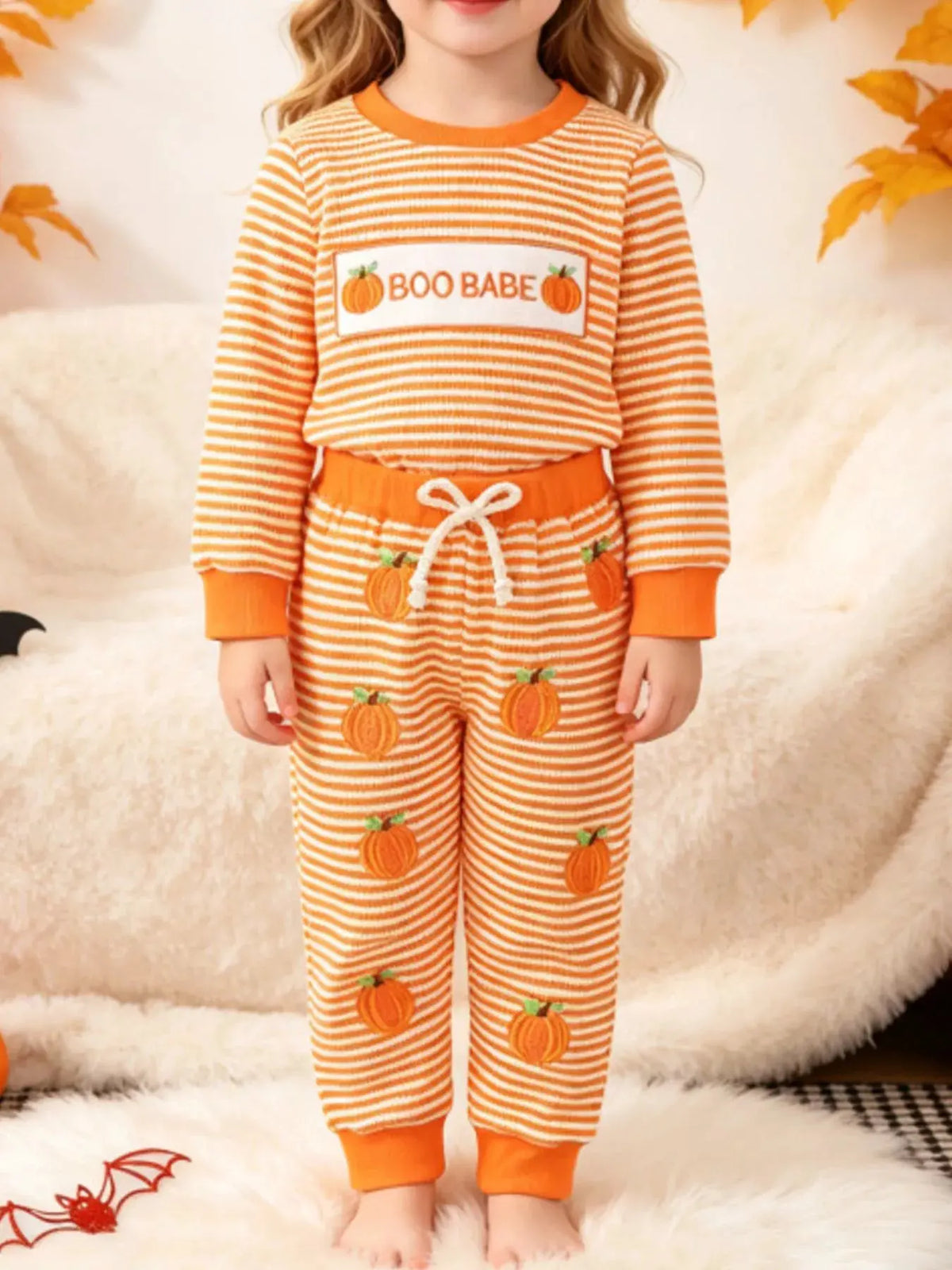 Children's Halloween Pumpkin Striped Long Sleeve Pajama Set by Trendsi