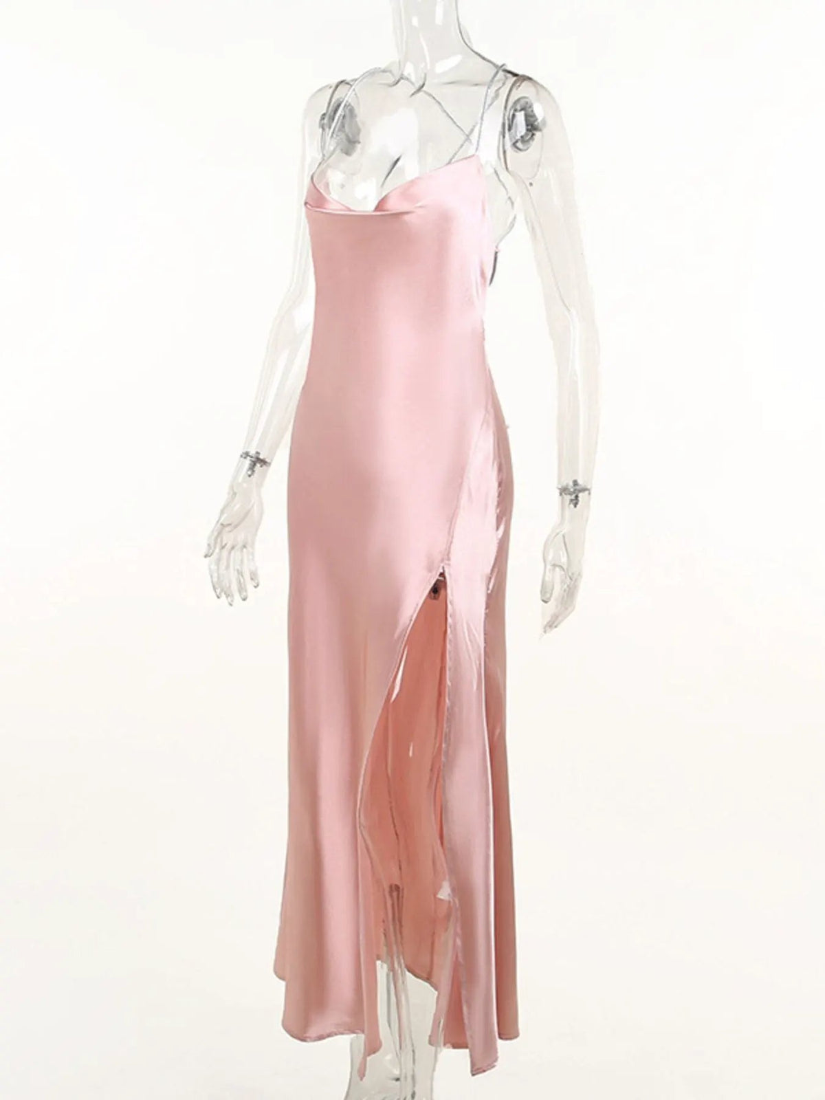 Slinky Satin Cowl Neck High Slit Dress with Back Lace Up by Partner Label