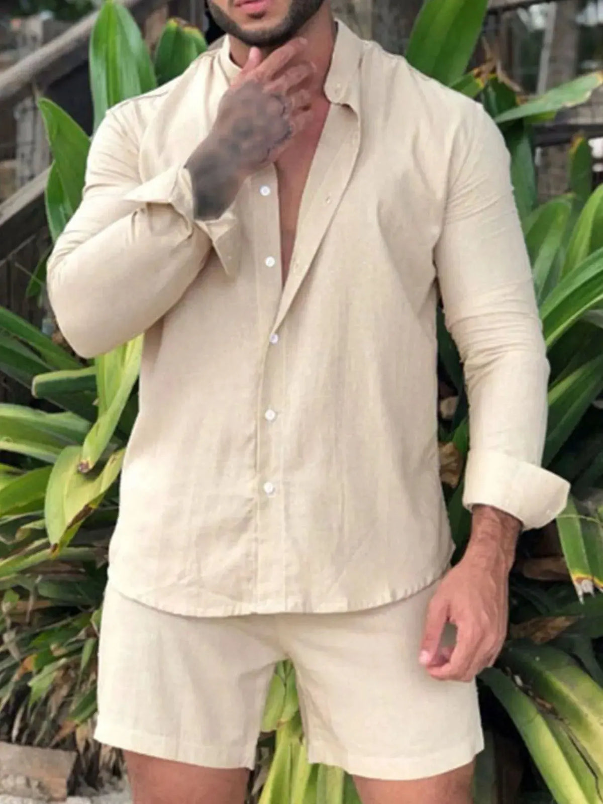 Men's Full Size Button Up Long Sleeve Shirt and Shorts Set Plus Size by Trendsi