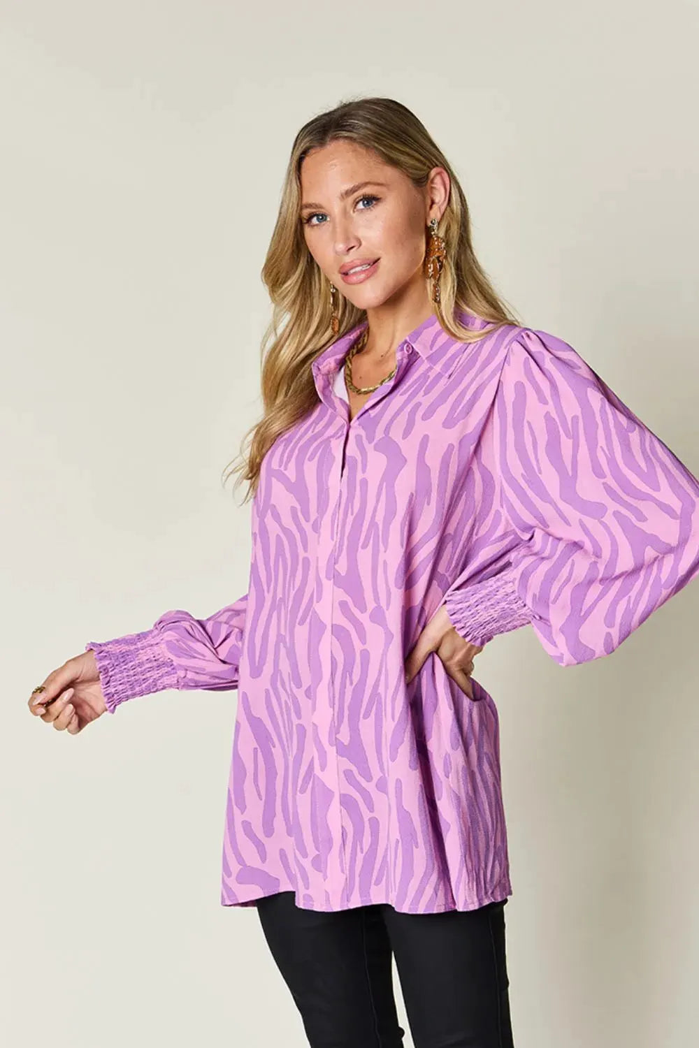 Double Take Full Size Printed Smocked Long Sleeve Blouse Plus Size by Double Take