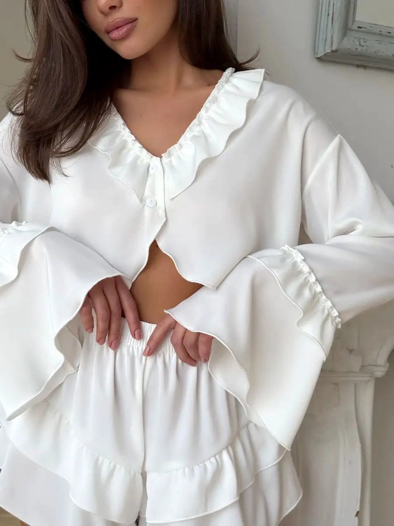 Ruffled V-Neck Top and Shorts Set by Partner Label