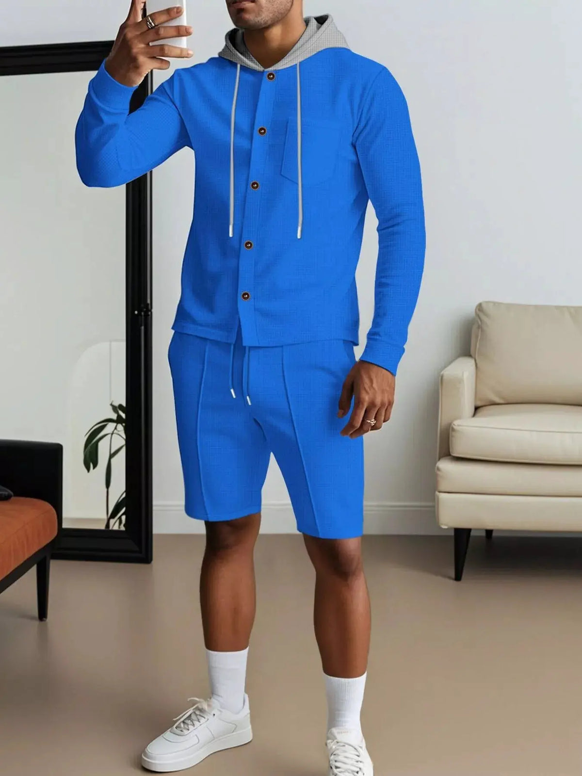 Men's Full Size Casual Hooded Button-Up Top and Shorts Set Plus Size by Trendsi