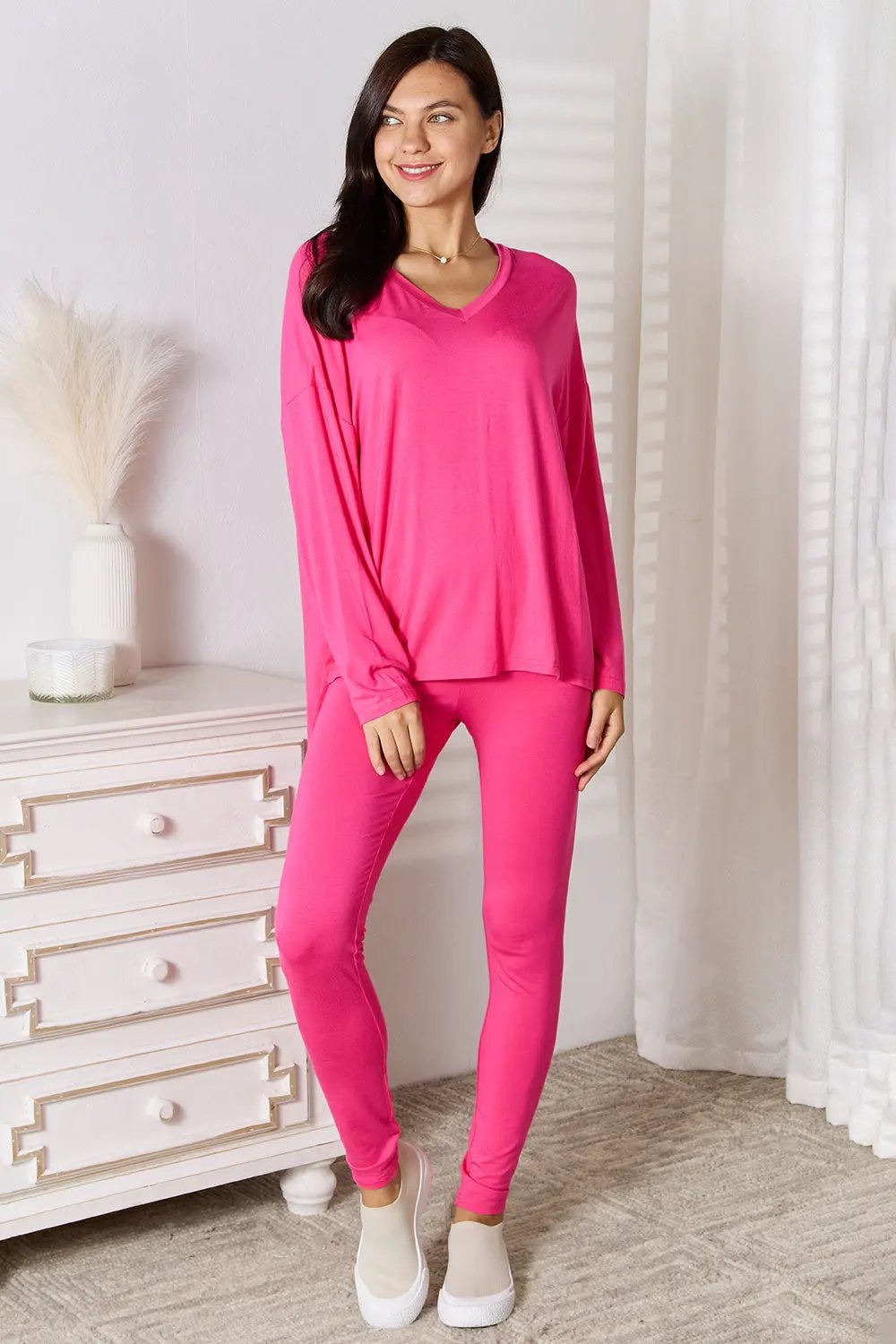 Basic Bae Full Size V-Neck Soft Rayon Long Sleeve Top and Pants Lounge Set by Basic Bae