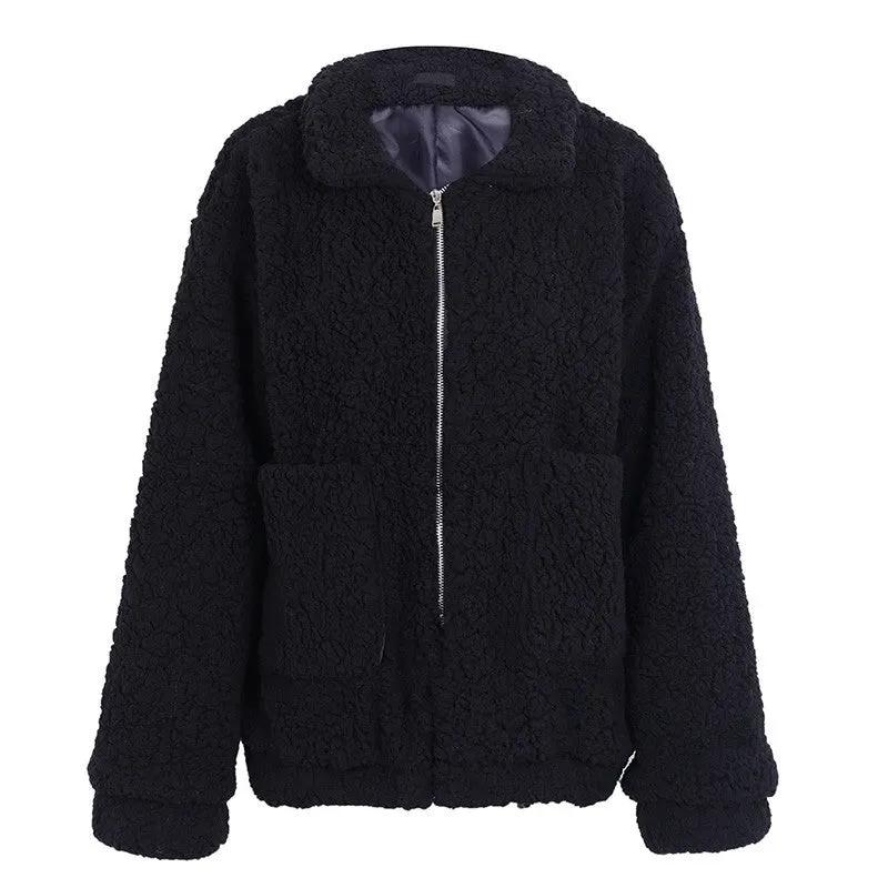 Faux lambswool oversized jacket coat Winter black warm hairly jacket Women autumn outerwear by Maiden-Art