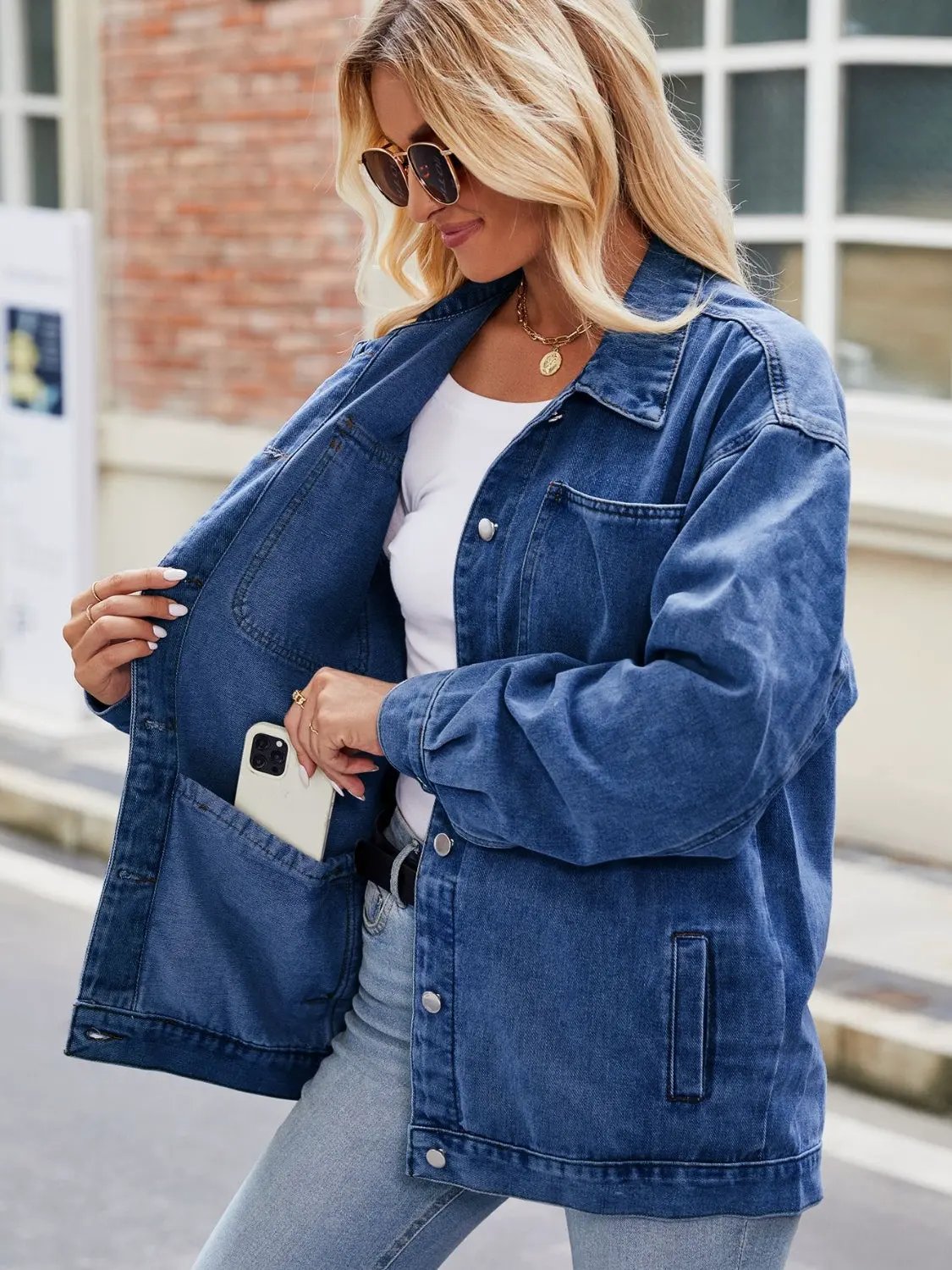 Button Up Denim Jacket with Pockets by Partner Label