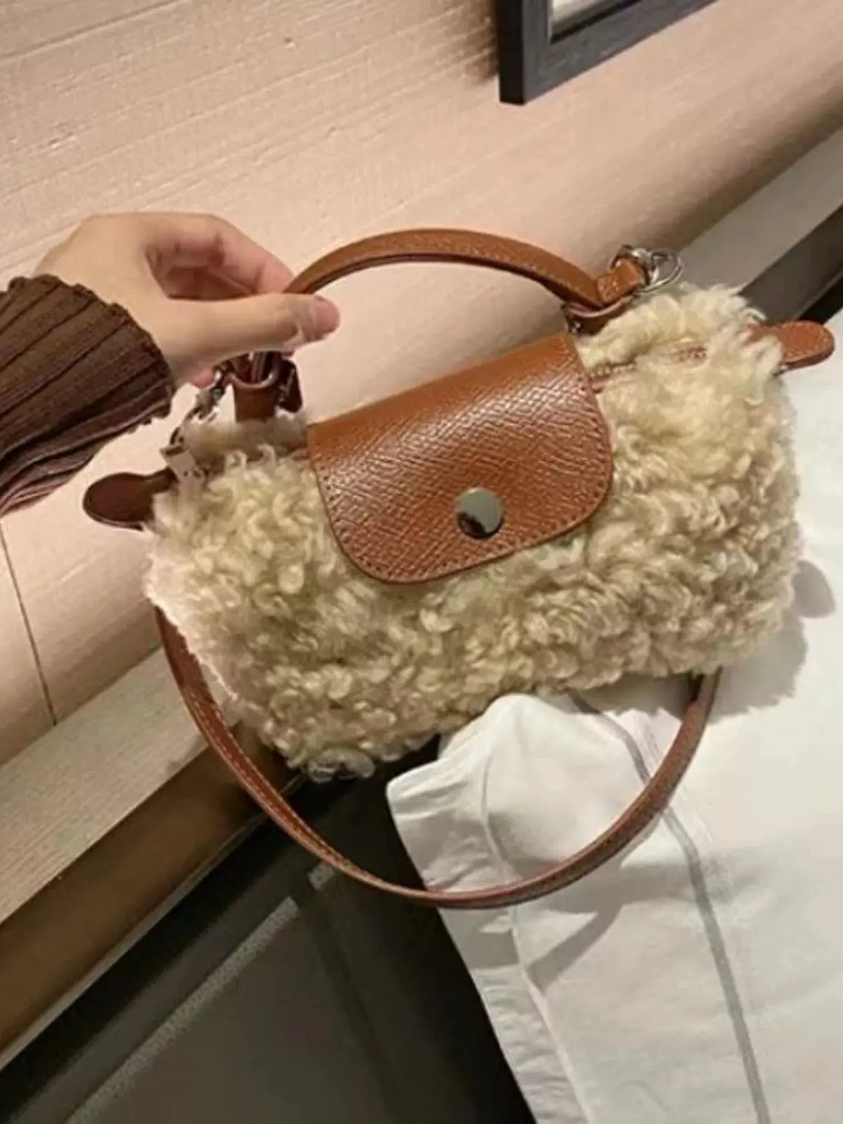 Fluffy Crossbody Bag with Leather Accents by Partner Label