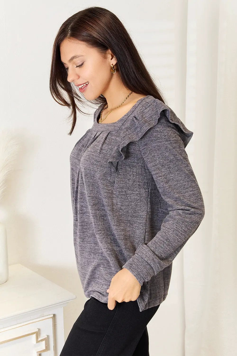 Double Take Square Neck Ruffle Shoulder Long Sleeve T-Shirt by Double Take