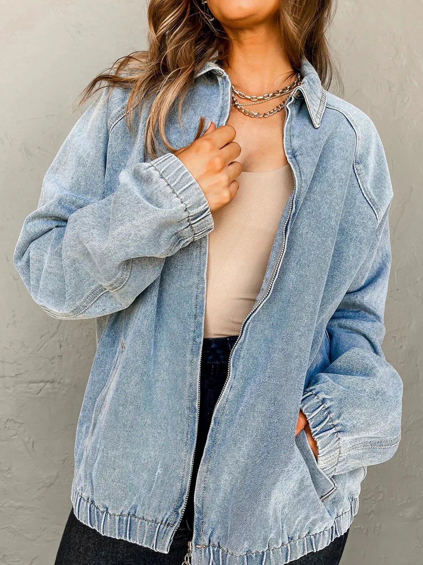 Elastic Edge Collared Zip Up Denim Jacket With Pocket by Partner Label