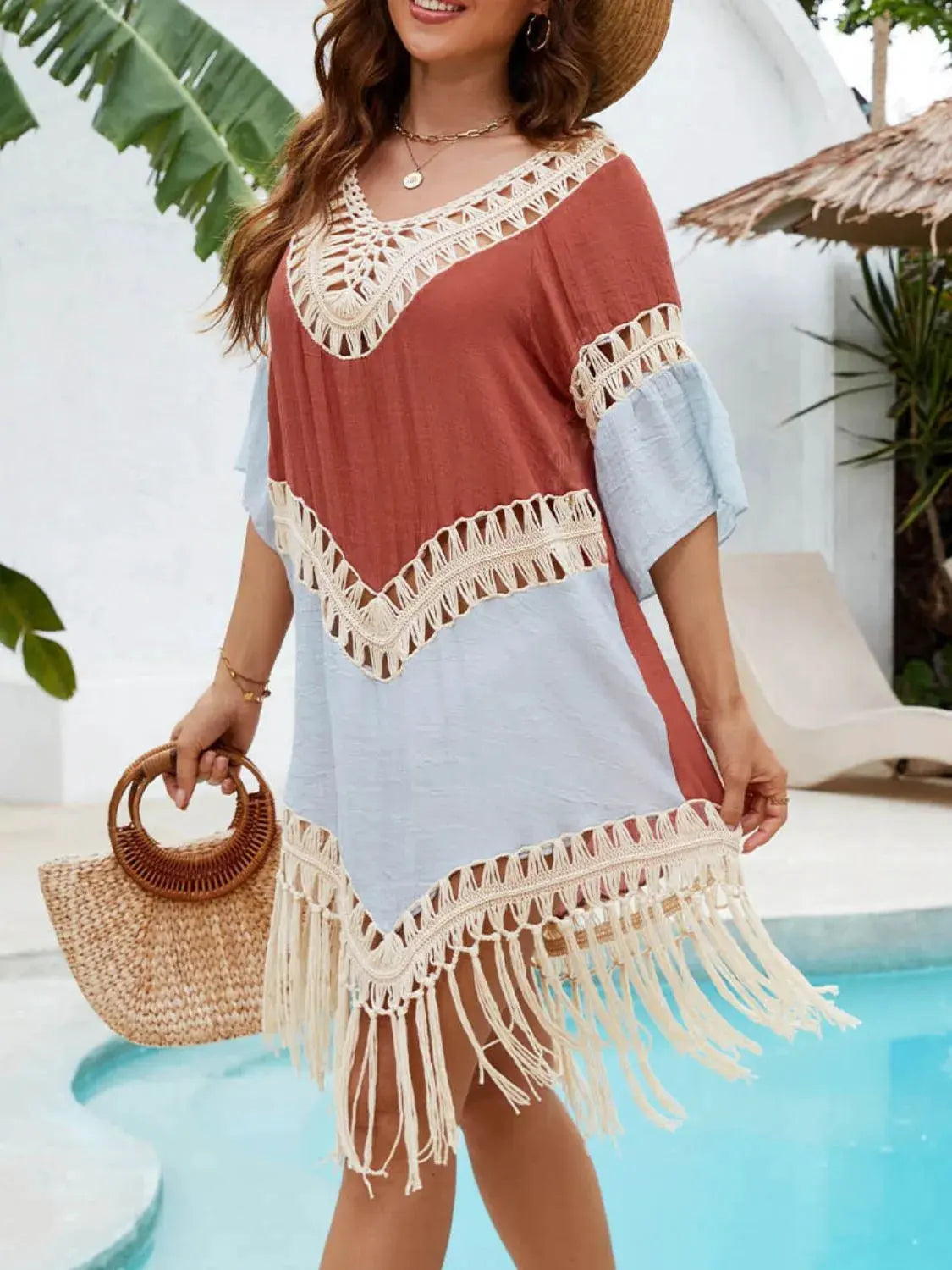 Backless Tassel Hem V-Neck Cover-Up by Partner Labels