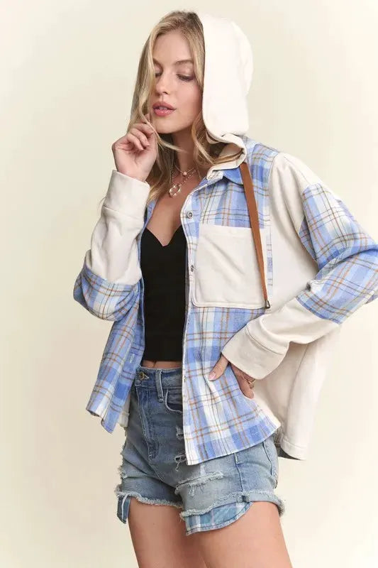 ADORA Button Down Plaid Hoodie Shacket by Partner Label