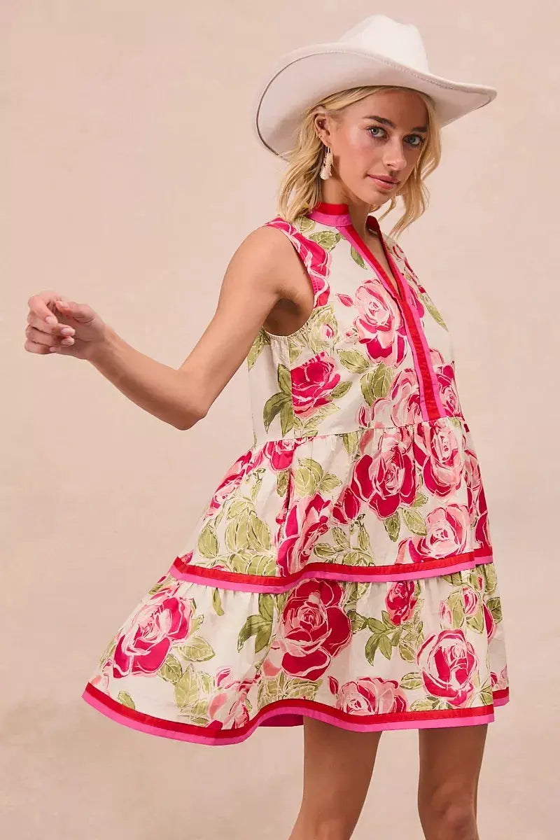 BiBi Floral Woven Contrast Edge Tiered Ruffle Mini Dress by BiBi