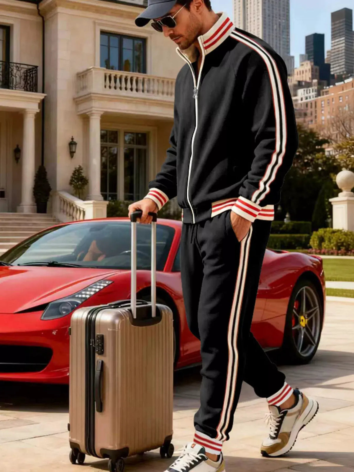 Men's Full Size Striped Zip Up Outerwear and Pants Plus Size by Partner Label