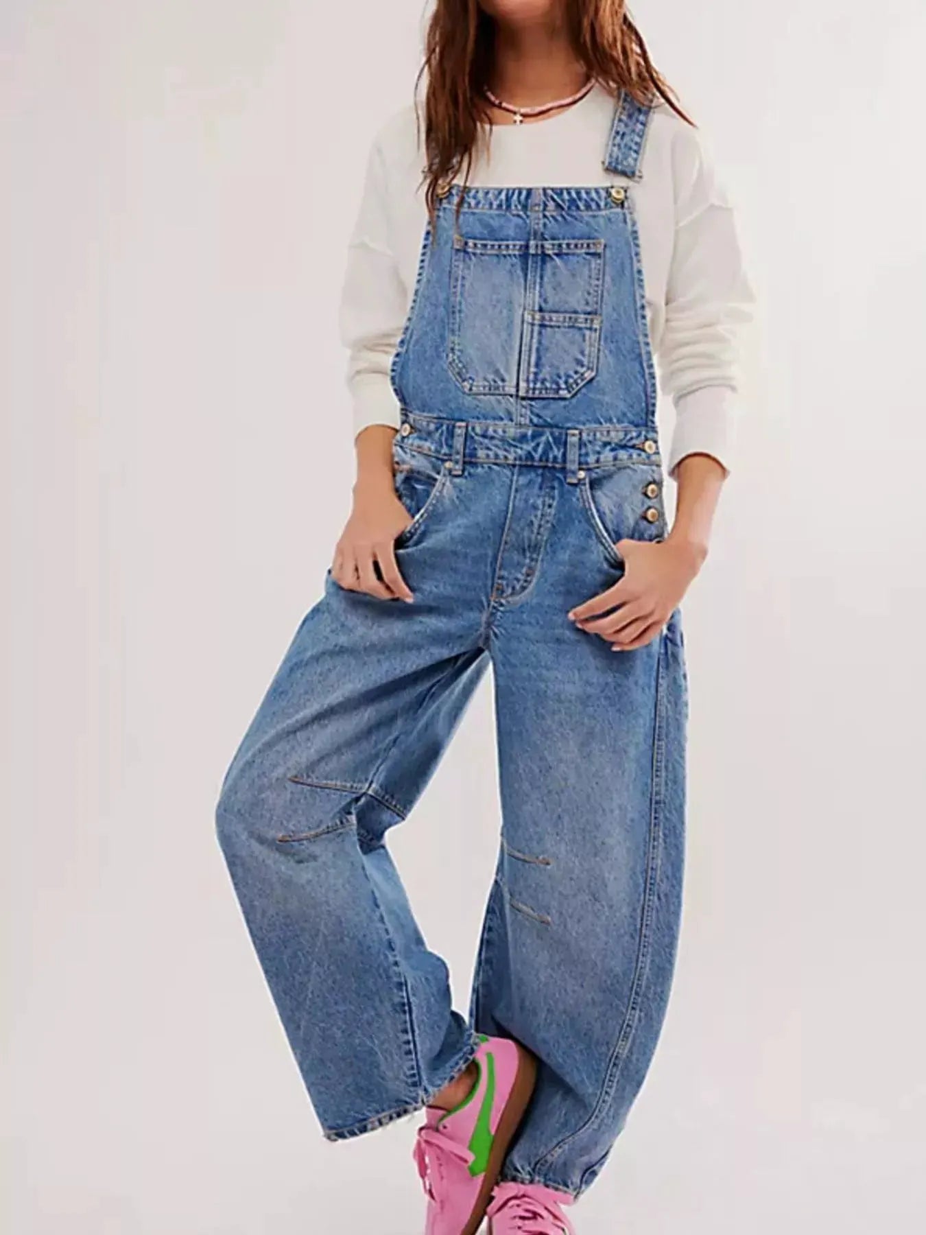 Wide Strap Wide Leg Denim Overalls by Partner Labels