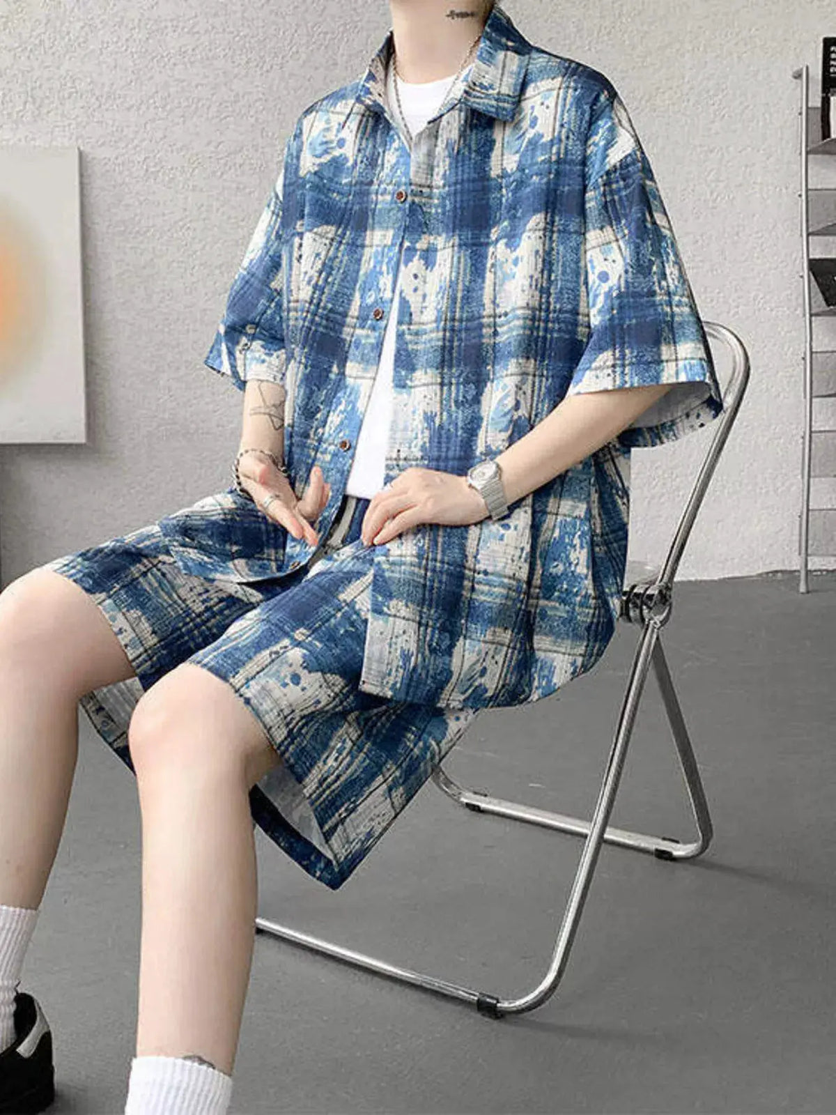 Men's Plus Size Casual Plaid Print Shirt & Shorts Set by Trendsi