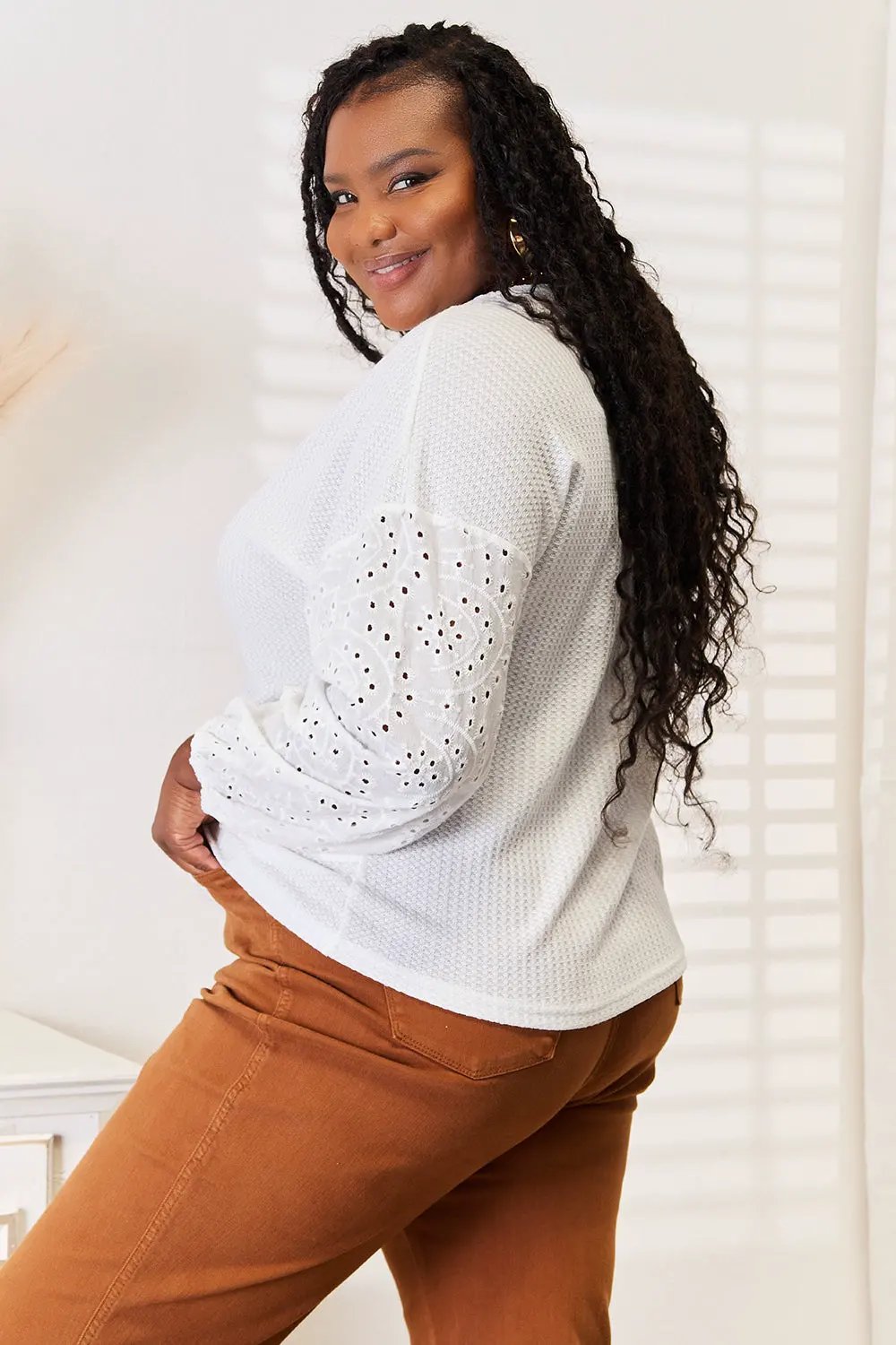 Shiny Eyelet Dropped Shoulder Round Neck Blouse by Shiny