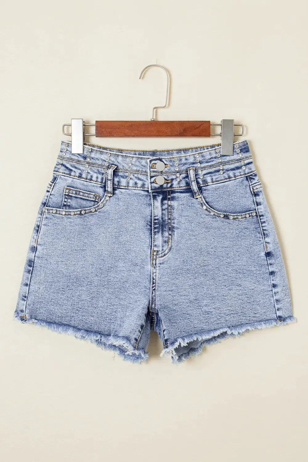 Rhinestone Light Wash Raw Hem High Waist Denim Shorts by Partner Label