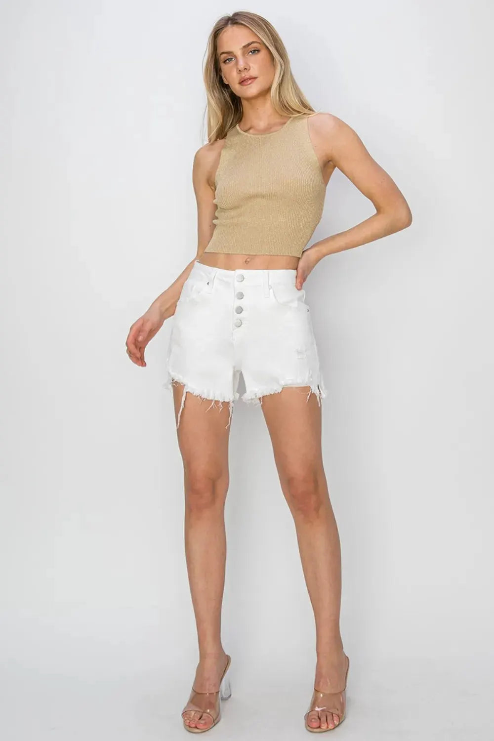 RISEN Button Fly Frayed Hem Denim Shorts by RISEN