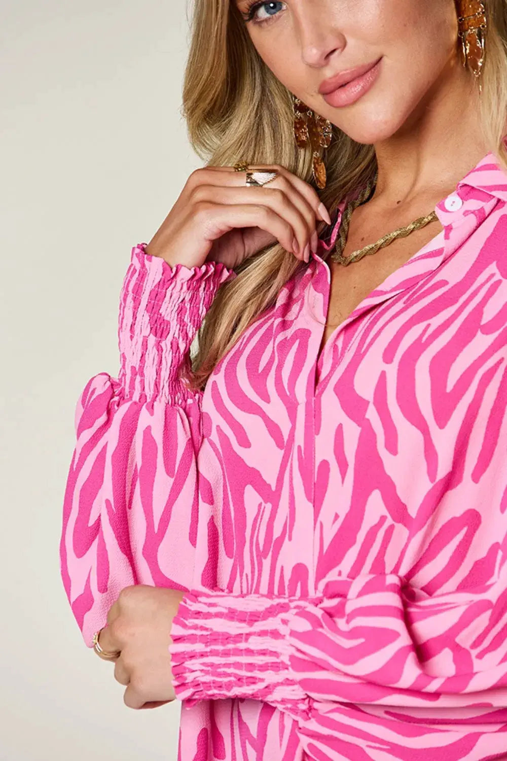 Double Take Full Size Printed Smocked Long Sleeve Blouse Plus Size by Double Take