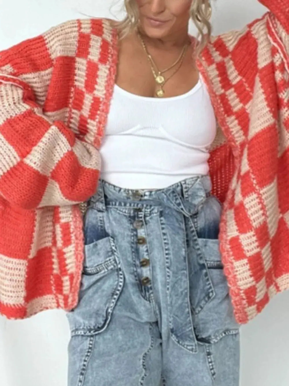 Plaid Open Front Long Sleeve Cardigan by Partner Label