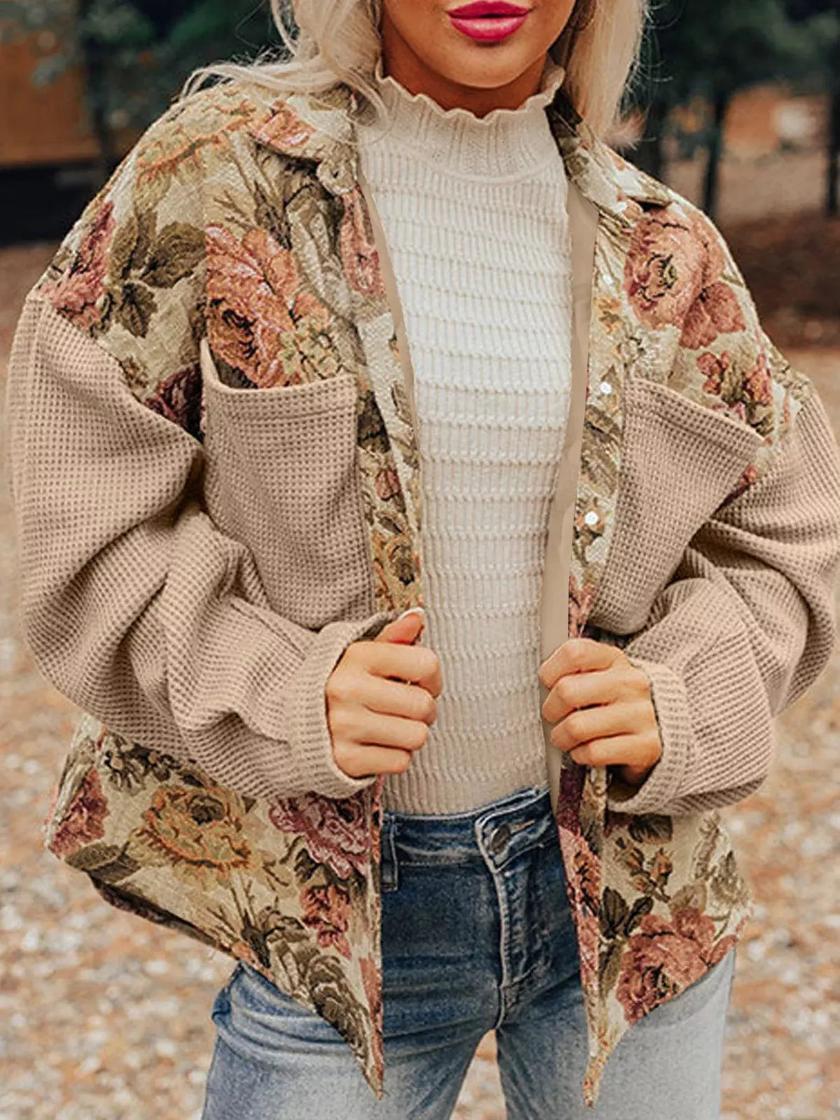 Floral Waffle Knit Patchwork Chest Pockets Buttoned Jacket by Partner Label