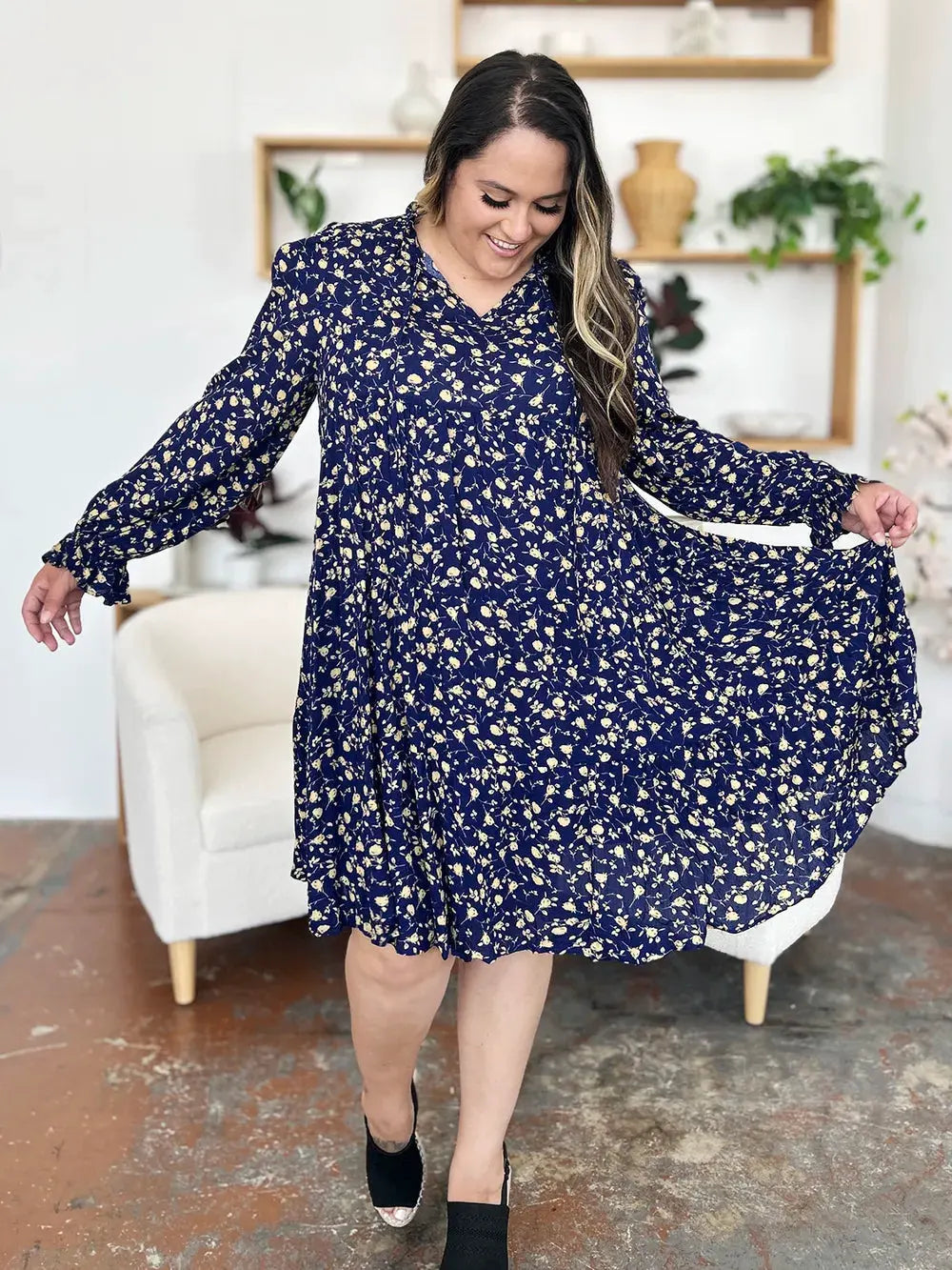 Double Take Full Size Printed Ruffle Hem Long Sleeve Tiered Dress by Double Take