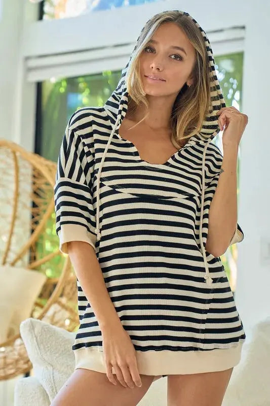 BiBi Stripe Fleece Notch Neck Short Sleeve Hoodie by BiBi