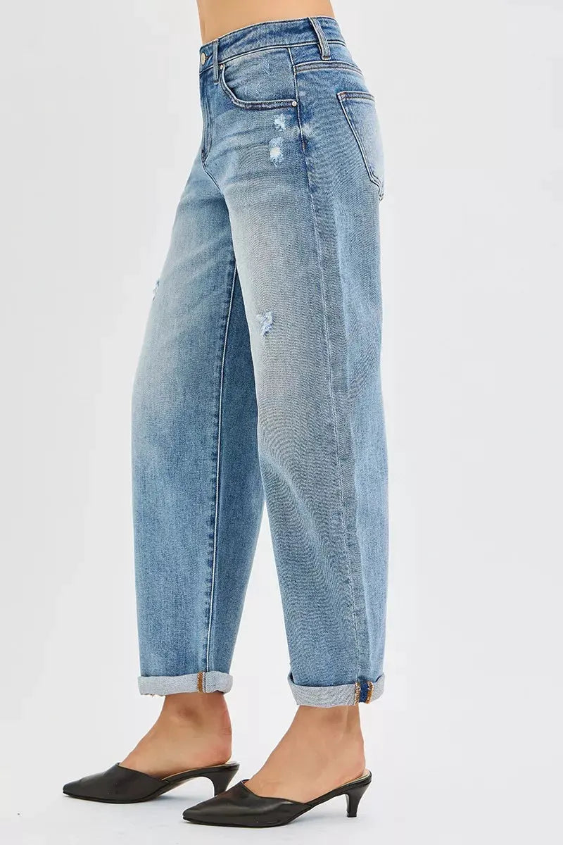 RISEN Full Size Slouchy Ankle Length Barrel Jeans with Cuffs Plus Size by RISEN