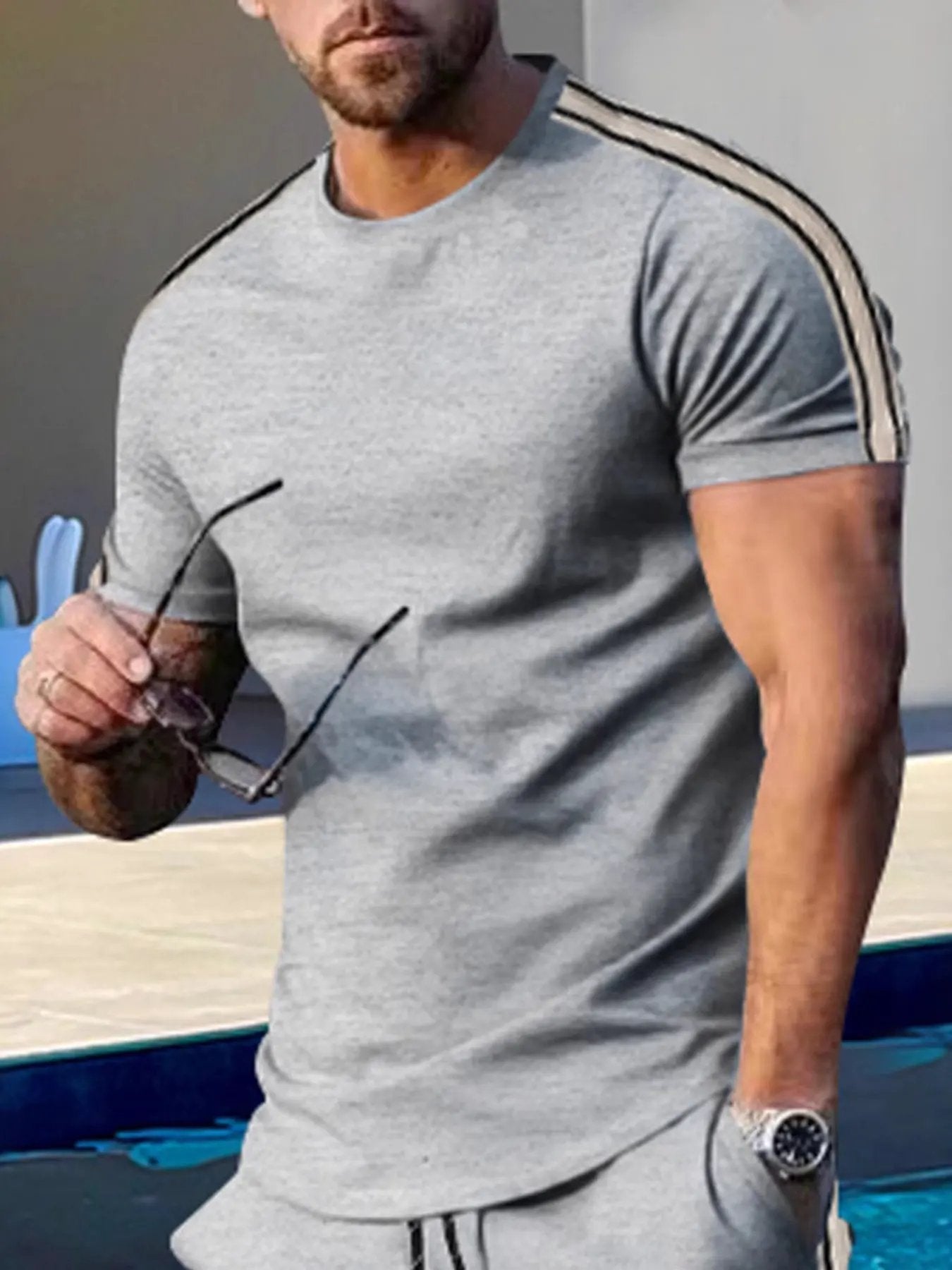 Men's Full Size Striped Shoulder Casual T-Shirt Plus Size by Trendsi