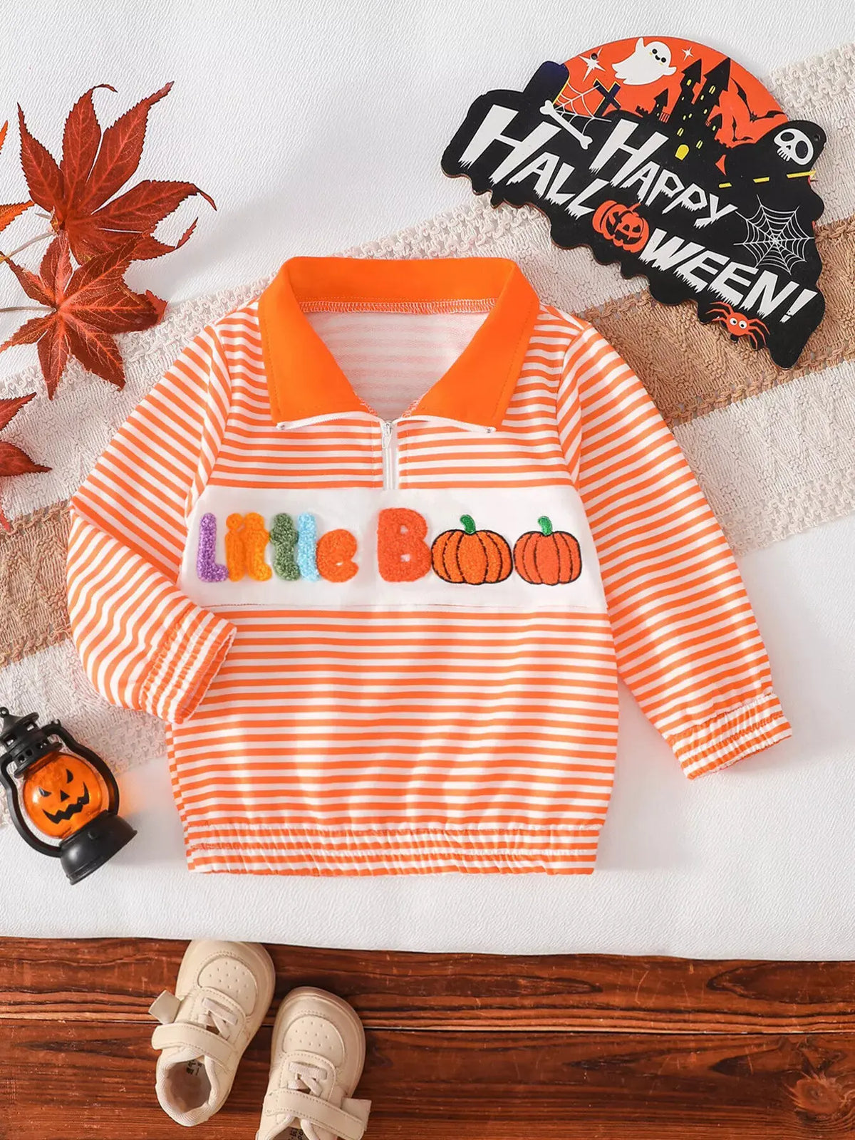 Children's Little Boo Halloween Striped Quarter-Zip Sweatshirt by Trendsi