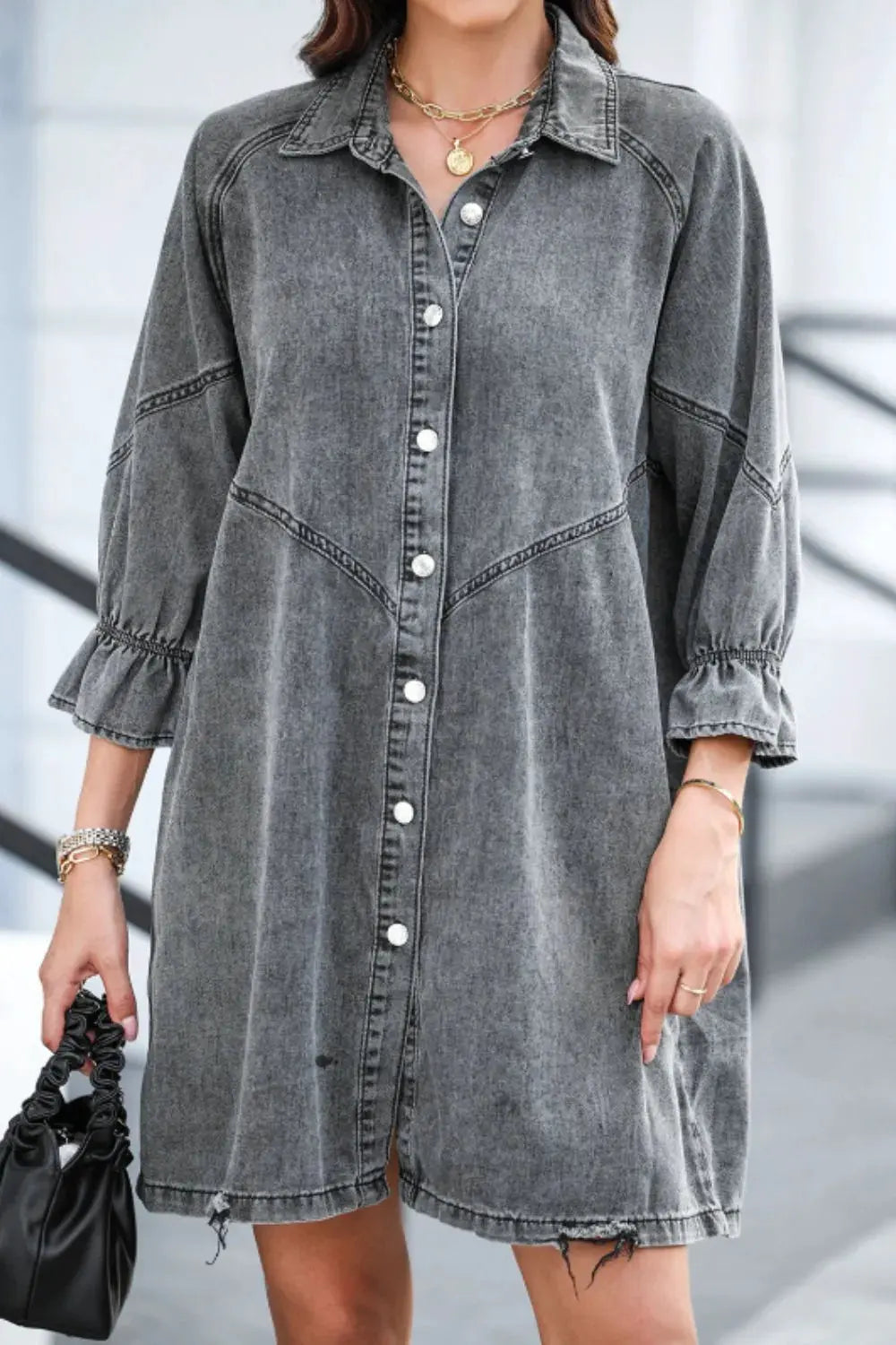 Distressed Collared Neck Flounce Sleeve Denim Dress by Partner Label