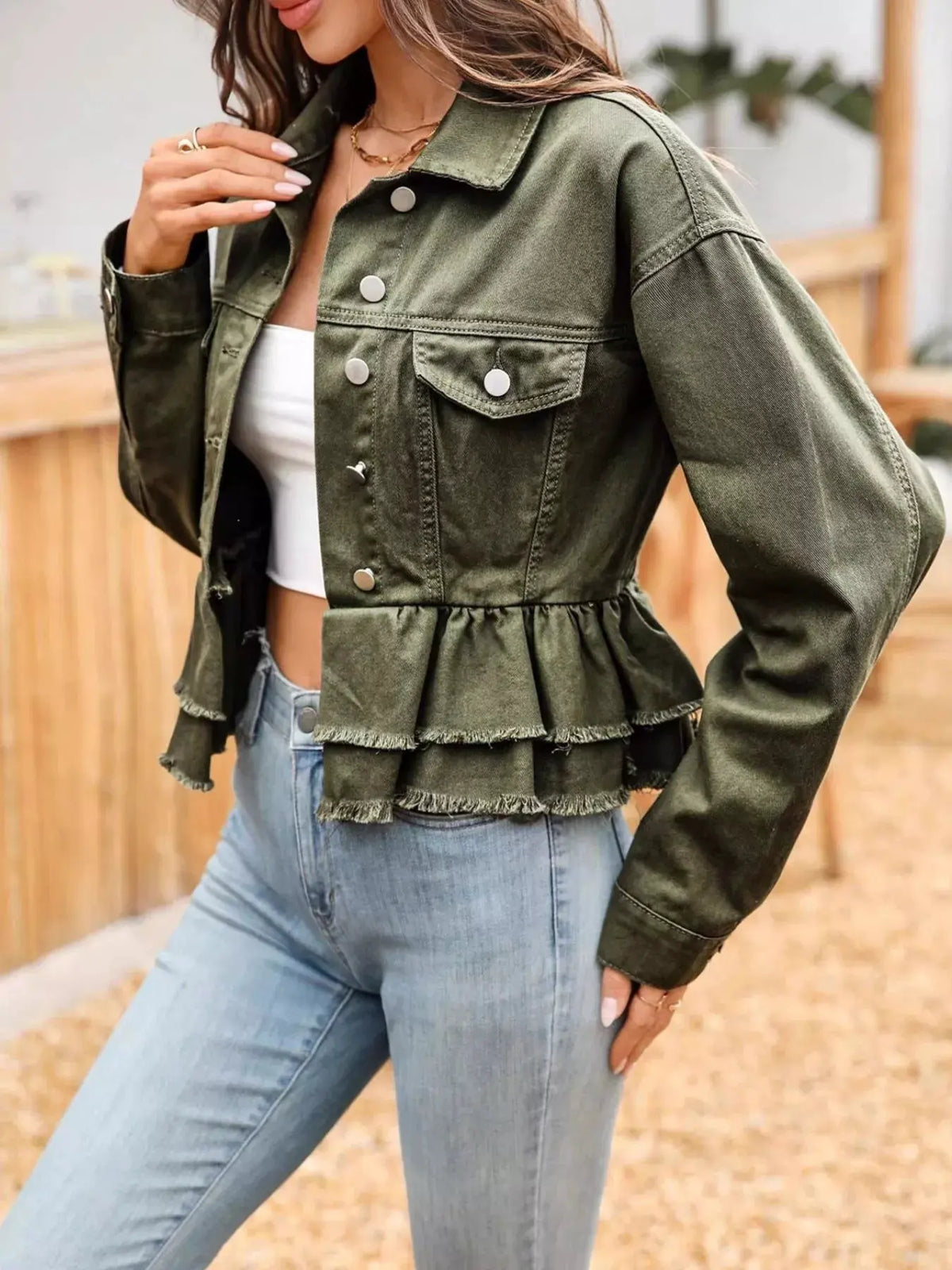 Ruffle Raw Hem Denim Jacket by Partner Label