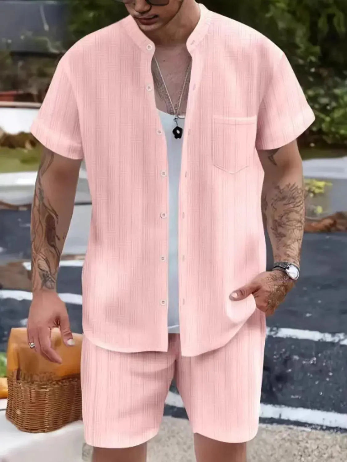 Men's Button Up Short Sleeve Shirt and Shorts Set by Trendsi