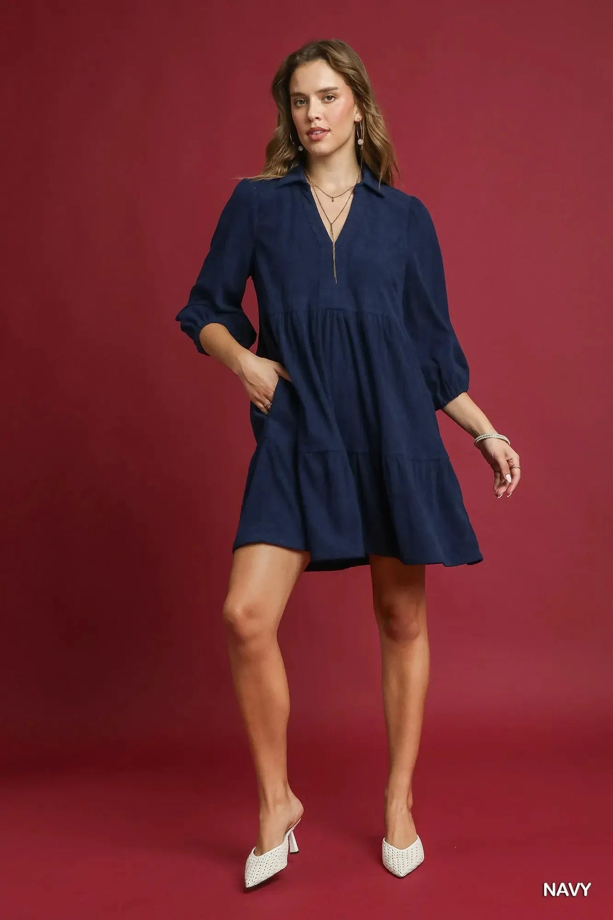 Umgee Tiered Corduroy Mini Dress with Balloon Sleeves by Umgee