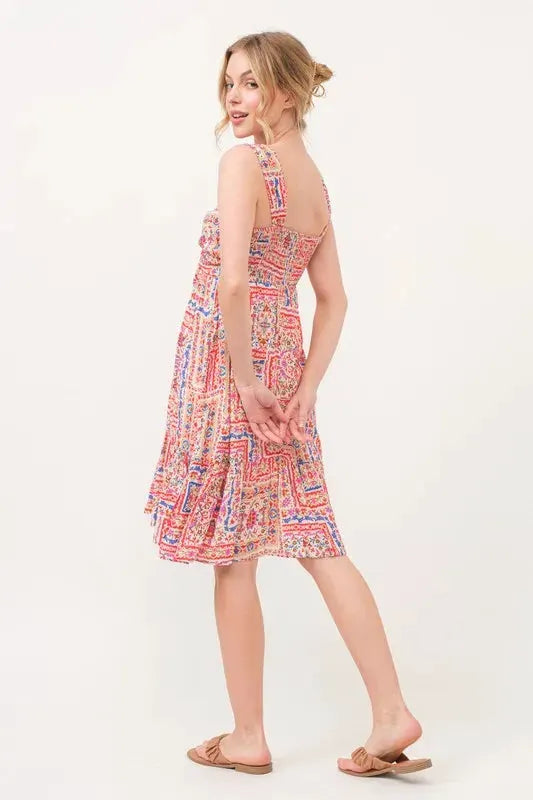 And The Why Tied Front Smocked Back Tiered Boho Printed Dress by And The Why