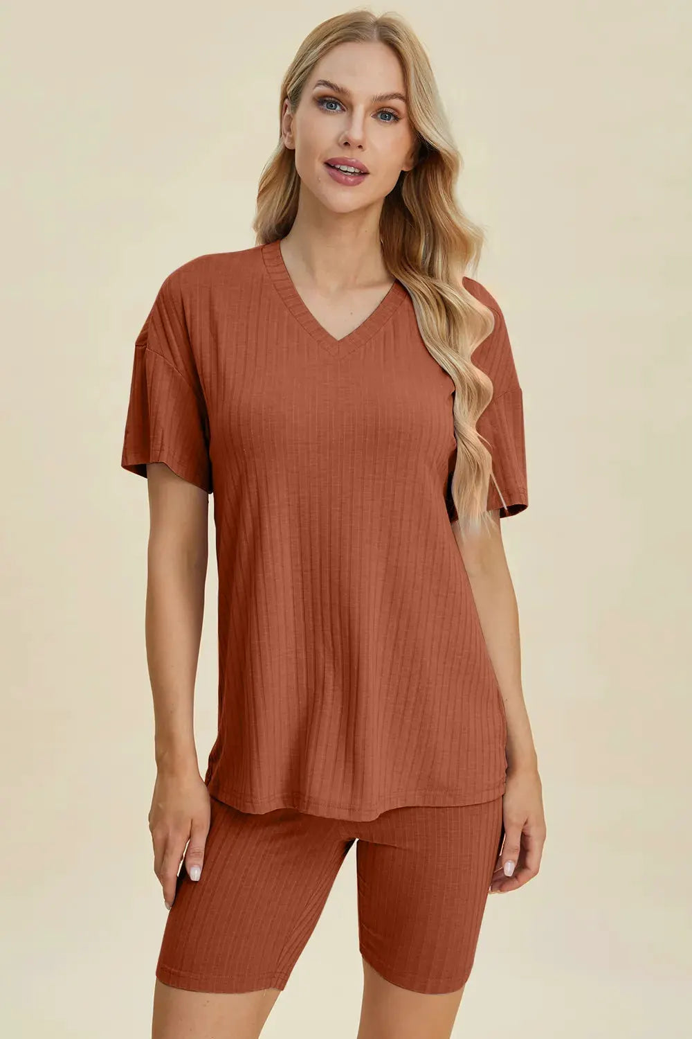Basic Bae Full Size Ribbed V-Neck Short Sleeve Top and Shorts Set by Basic Bae