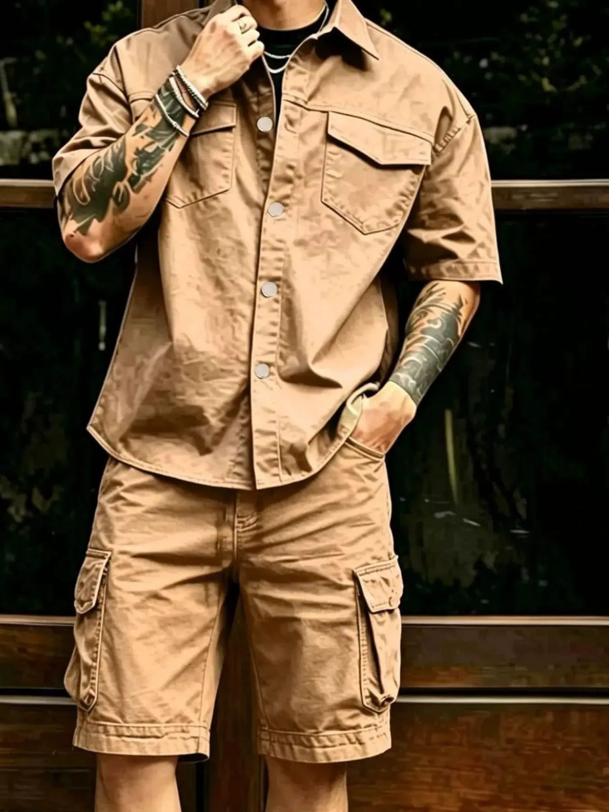 Men's Full Size Cargo Shirt and Shorts Set Plus Size by Trendsi