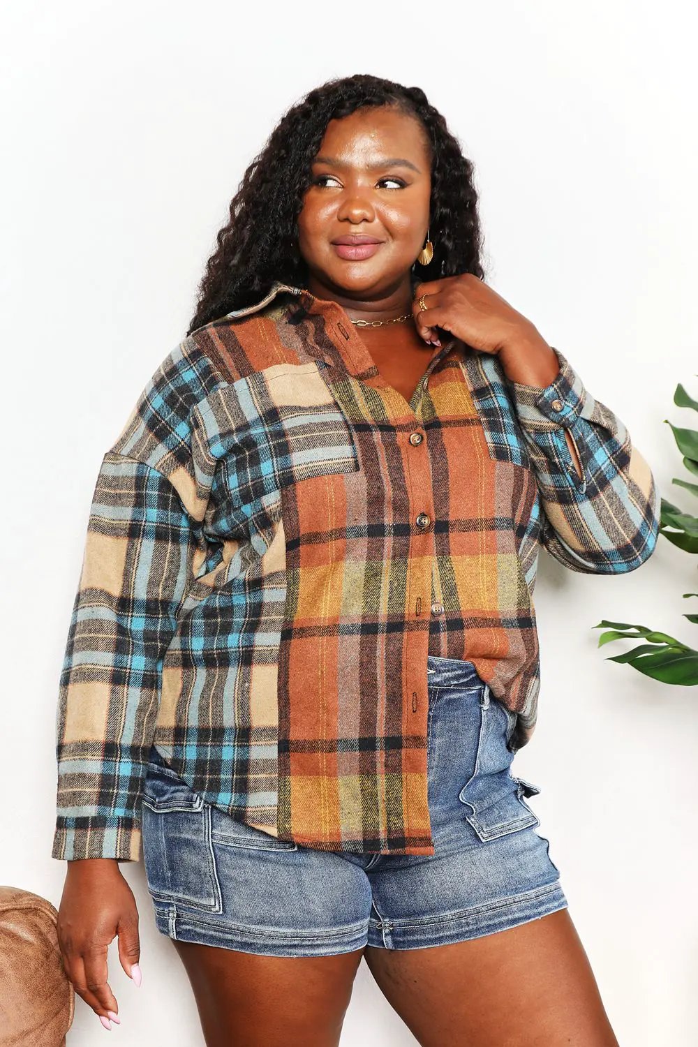 Double Take Plaid Curved Hem Shirt Jacket with Breast Pockets by Double Take