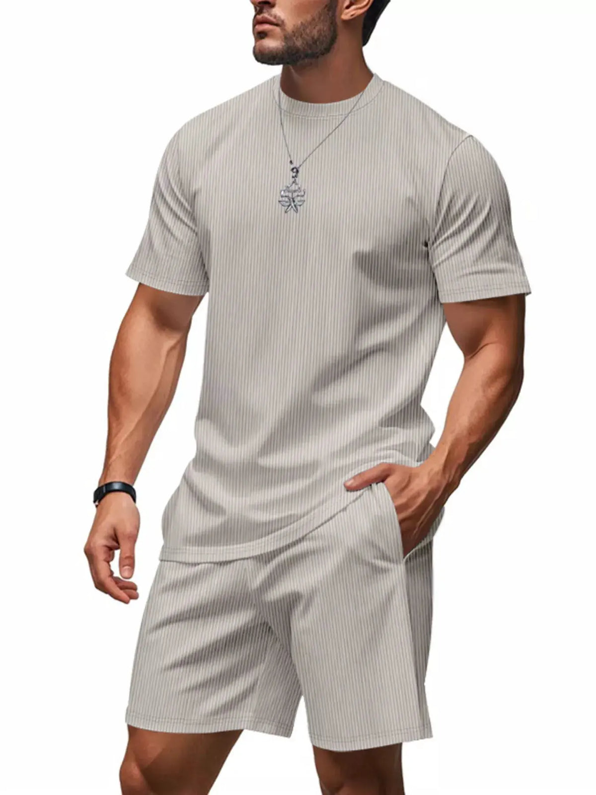 Men's Full Size Casual Striped Top and Shorts Set Plus Size by Trendsi