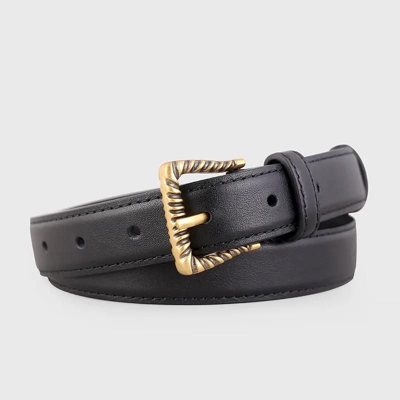 Leather Belt with Textured Gold Buckle by Trendsi