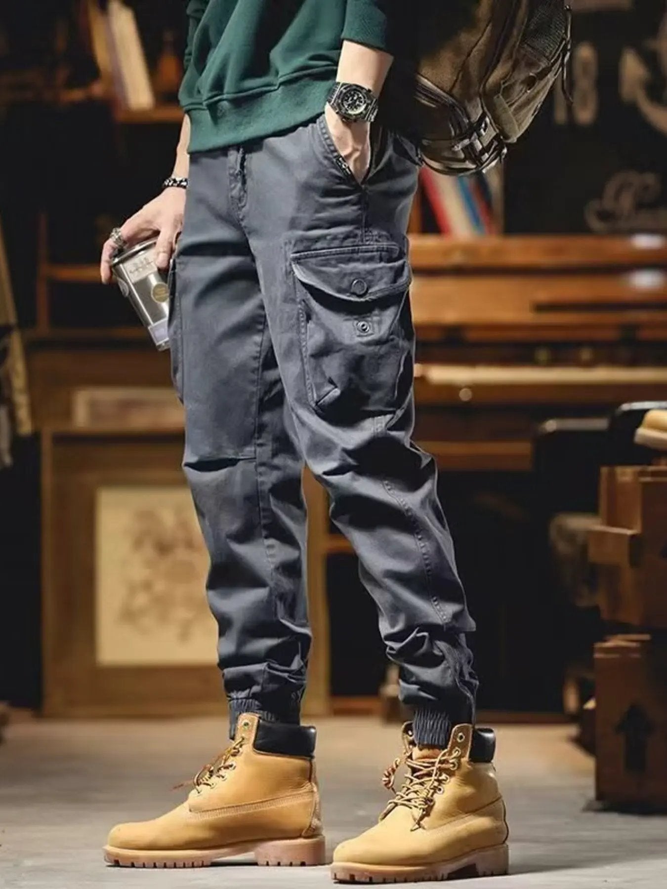 Men's Plus Size Casual Cargo Pants with Elastic Cuff by Partner Label
