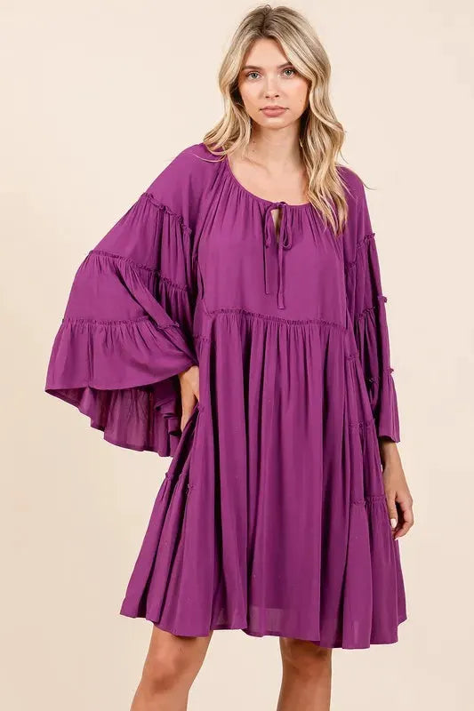Mittoshop Frill Tie Neck Bell Sleeve Dress by Mittoshop