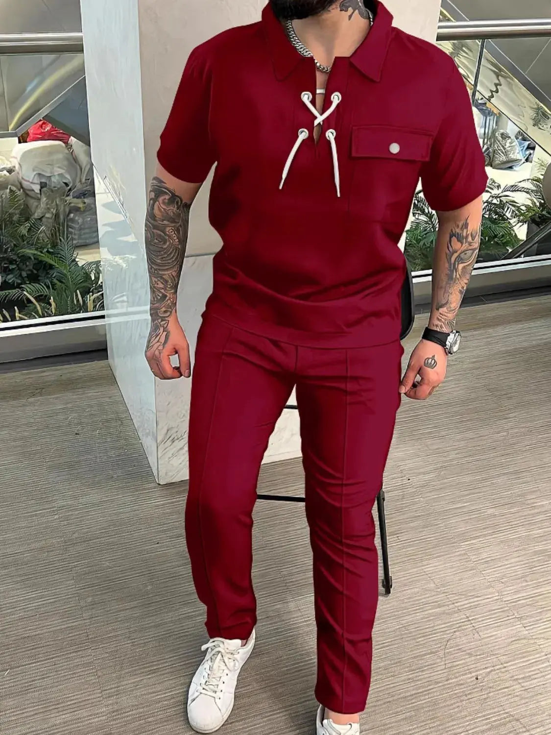 Men's Full Size Lace Up Short Sleeve Top and Pants Plus Size by Trendsi