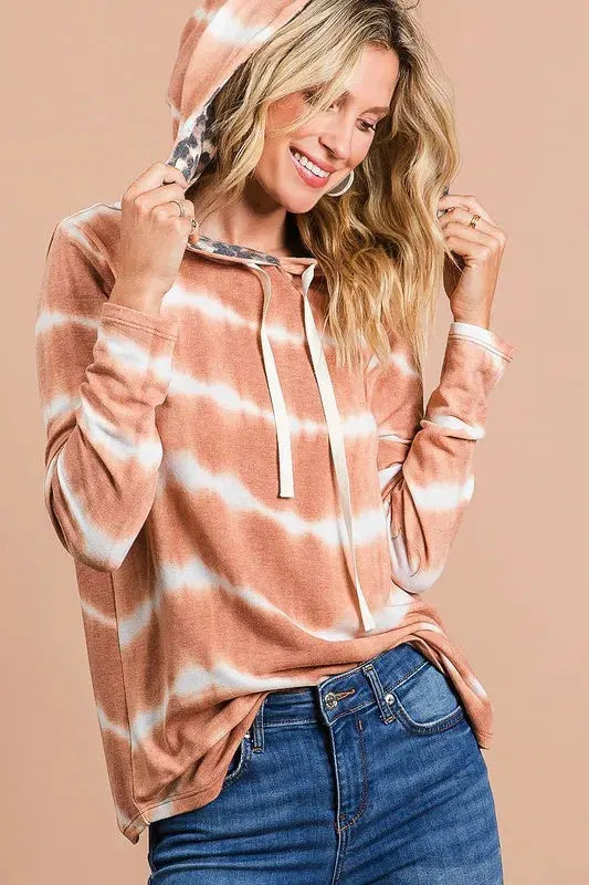 BiBi Tie Dye Stripe Terry Drawstring Hoodie With Leopard by BiBi