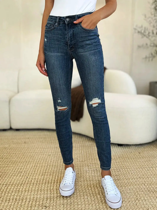 Judy Blue Full Size Mid Waist Distressed Slim Jeans by Judy Blue