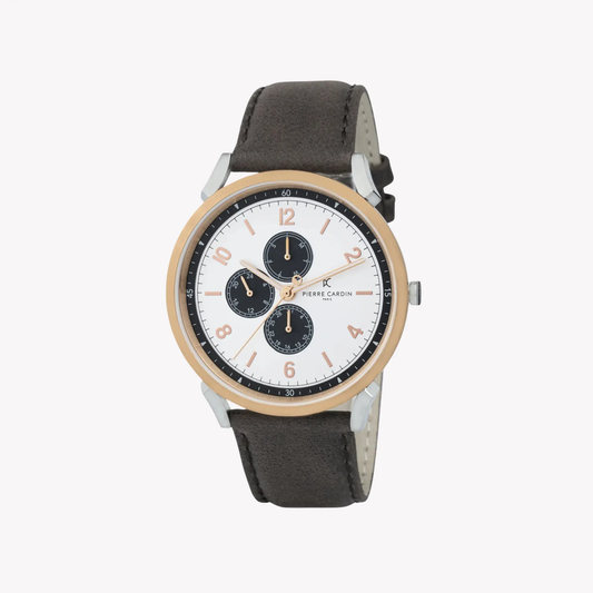 Pierre Cardin Men's Silver & Rose Gold, Brown Leather | Cpi.2078 by PIERRE CARDIN